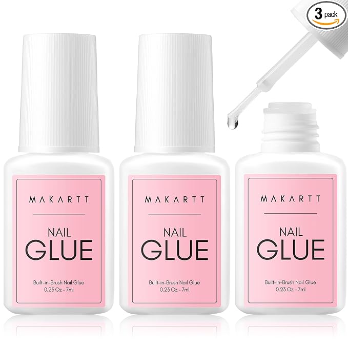 Makartt Brush-On Nail Glue for Press On Nails and Tips:Air Dry, 7ML,3 Packs | No UV lamp needed, 5-10s quick dry, built-in brush, HEMA-free & TPO-free for sensitive skin, Both for Clear & Opaque Nails