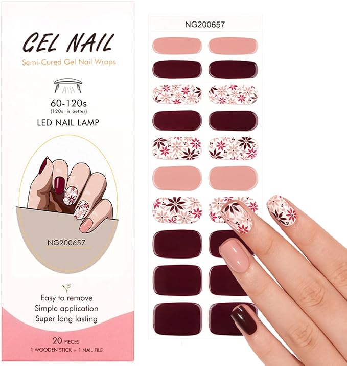 Semi Cured Gel Nail Strips - 20Pcs Brown UV Gel Nail Wraps with Fall Leaves Design, Long Lasting Salon-Quality Stickers, Includes Nails File & Wooden Stick - UV/LED Lamp Required