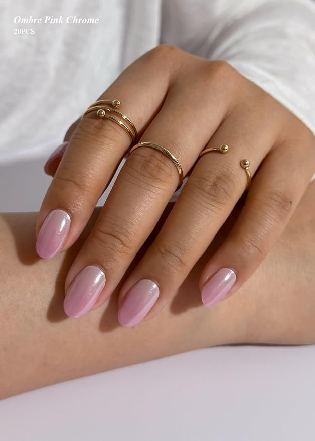 Semi Cured Gel Nail Strips (Glazed Ombre Pink),Chrome, Pearl, 20 Pcs Gel Nail Wraps, Stickers, UV Light Required