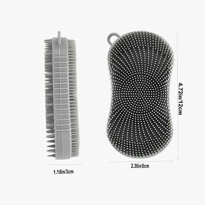 Silicone Body Scrubber, Double Sided Exfoliating Brush with Soft Flexible Bristles, Scalp Massage and Shampoo Tool with Hanger Loop (Black)