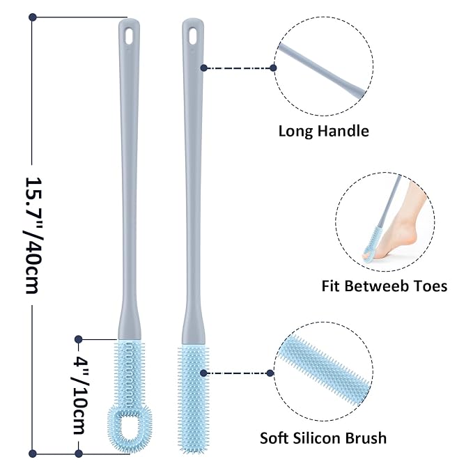 Foot Scrubber for Shower - 2 Pack Long Handle Toe Cleaning Brush with Replaceable Silicone Toe Scrubber Head for Seniors, Elderly, Disabled Men and Women - Blue