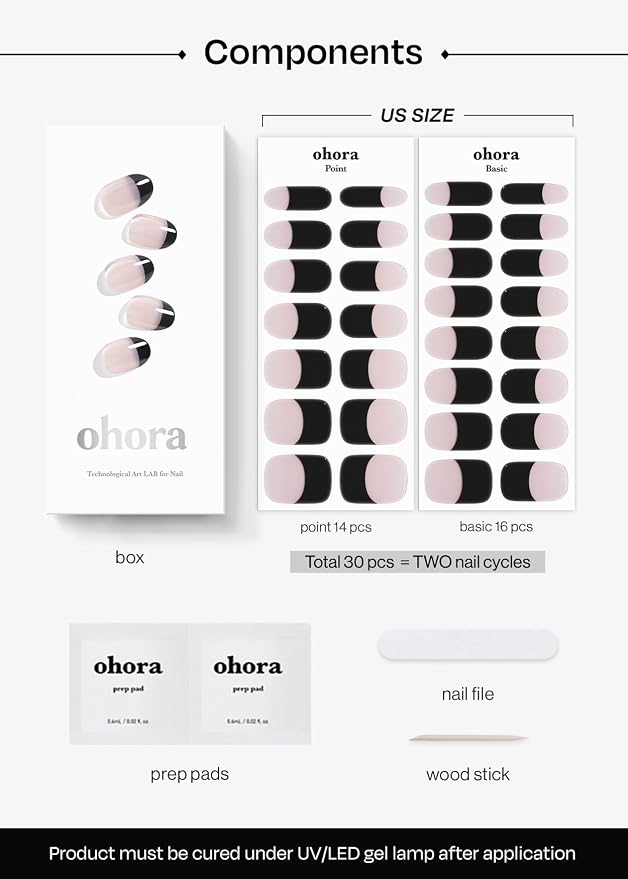 ohora Semi Cured Gel Nail Strips (N Chic French) - Black, French, Works with Any UV/LED Lamps, Salon-Quality, Long Lasting, Easy to Apply & Remove - Includes 2 Prep Pads, Nail File & Wooden Stick