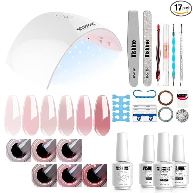Vishine Gel Nail Polish Kit UV Light, 36W UV LED Nail Dryer Lamp, 6 Sheer Milky Pink Jelly Transparent Colors Base Top Coat Professional All-in-One Nail Art Manicure Tools