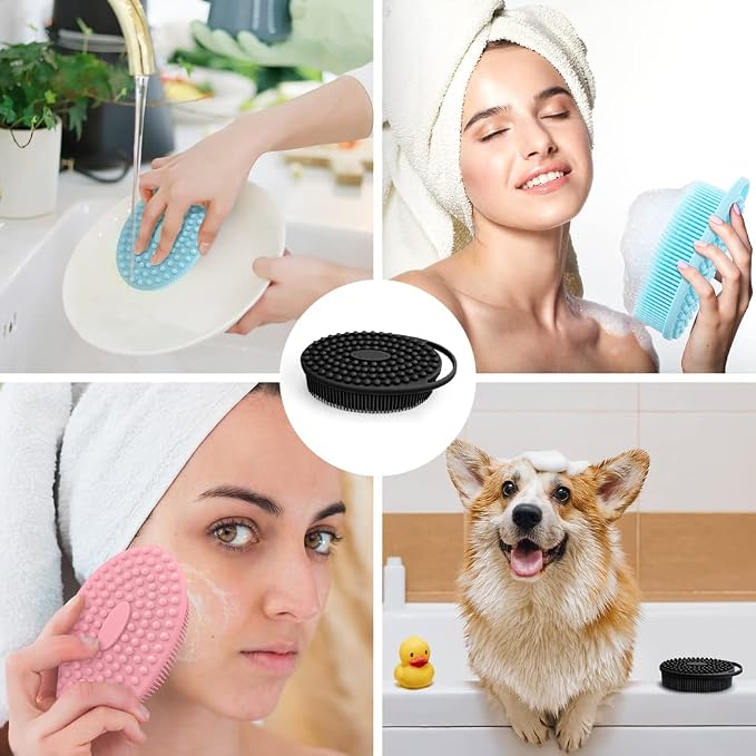 PQRUU 3 Pack Silicone Body Scrubber, Exfoliating Soft Loofah Bath Body Scrubbers for Use in Shower, Exfoliating Body Scrubber Fit for All Kinds of Skin, Rapid Foaming Black+Blue+Pink