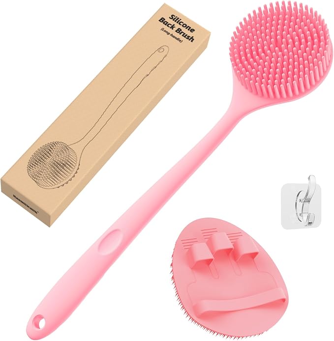 Manmihealth Silicone Back Scrubber & Soft Bath Glove Set 2PCS Pink | Super-Exfoliating Body Scrubber & Super-Lathering Shower Brush Combination, Thick Bristles, with a Free Hook