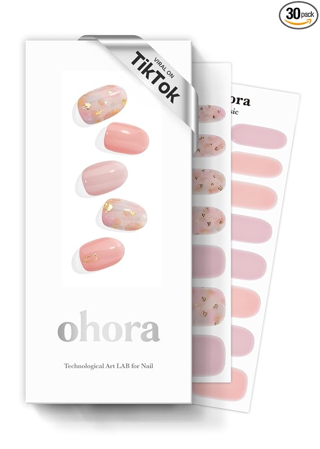 ohora Semi Cured Gel Nail Strips (N Lazy Sunday) - Pink, Patterned, Works with Any UV/LED Lamps, Salon-Quality, Long Lasting, Easy to Apply & Remove - Includes 2 Prep Pads, Nail File & Wooden Stick
