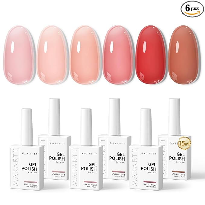 Makartt Jelly Pink Nude Red Gel Nail Polish Set 15ML: 6 Sheer Colors | Large Capacity, High-Gloss Shine, Transparente Effect, Milky Pink Nude Red, UV/LED Lamp Required, Home & Salon DIY