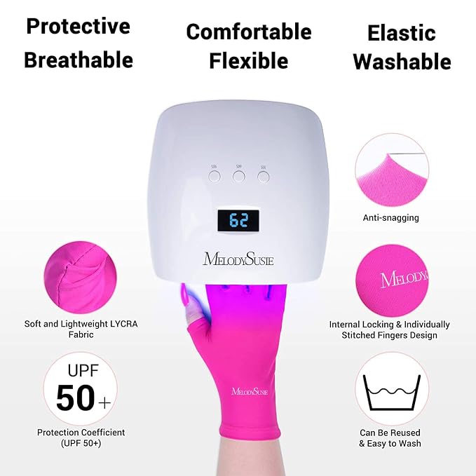 MelodySusie Premium Fingerless Protection UV Gloves for Gel Manicures | UPF50+ UV Blocking Fabric, Protect Hands from Sun and Nail Dryer Harm,Unisex for Salon & Home Gel Manicure,Neon Pink