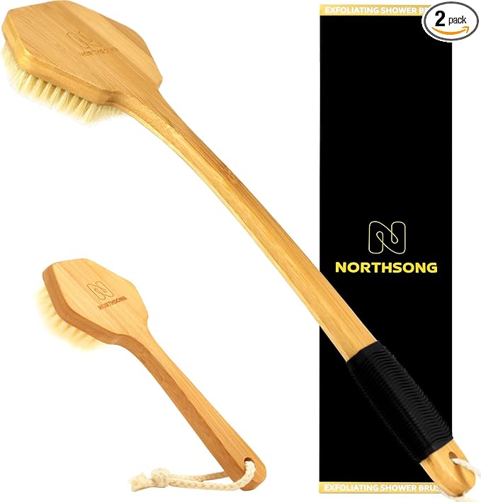 NORTHSONG Body Brush+Face Brush,Deep Cleaning Exfoliating Set,Gift Ready | Body brush,Large Head Bath Brush,17.72"Extra-Long,Curved Bamboo Handle,100% Boar Bristles,ideal for Elderly,Shoulder Pain