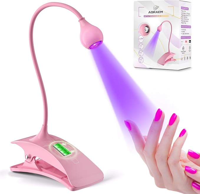 AORAEM UV Nail Lamp, Rechargeable Gooseneck UV Light for Gel Nails | Flash Cure Lamp Nail Dryer with Clamp, Portable LED Gel Light 3 Level Timing Home Professional DIY Manicure Salon (Pink)
