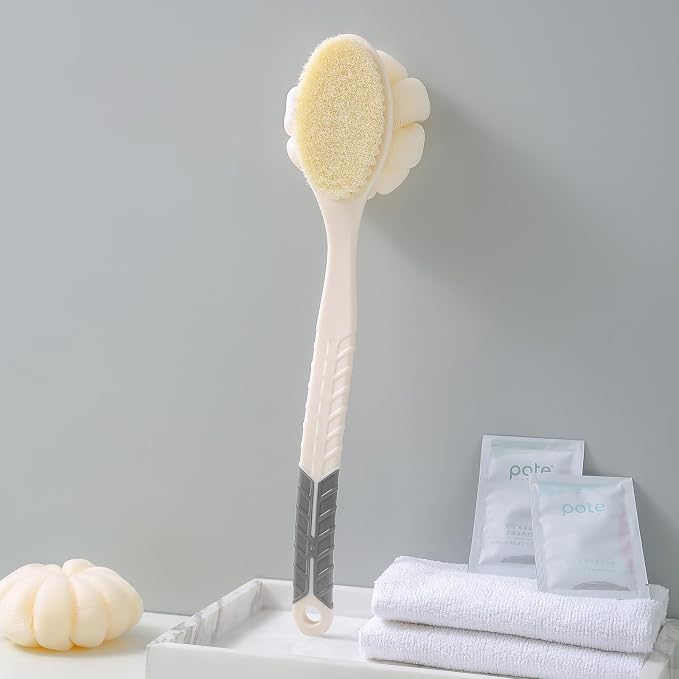 Shower Body Brush with Bristles and Large Pumpkin Loofah,Back Scrubber Bath Mesh Sponge with Anti-Slip Curved Long Handle for Skin Exfoliating,Massage Bristles for Wet or Dry,Men Women (Pink)