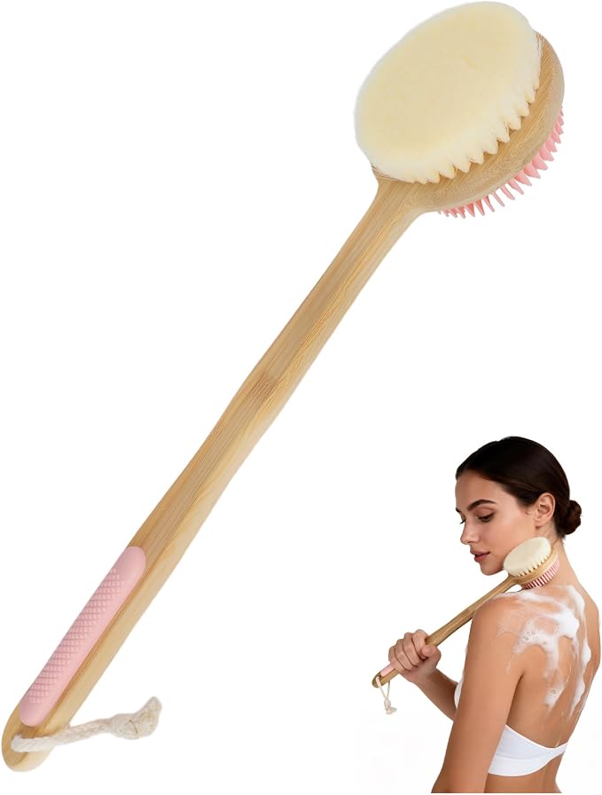 Back Scrubber for Shower - Double-Sided Silicone and Super-Dense Bristles for Deep Cleaning & Exfoliation, Bamboo Long Handle with Wider Anti-Slip Grip, Rich Foam, Durable (Pink)