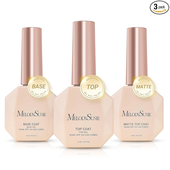 MelodySusie Top Coat Matte Top Coat Base Coat No Wipe Glossy Set Long Lasting Shine Finish Soak Off UV LED Nail Lamp Nail Art Design Manicure Kit Perfect Gifts for Women Girls 3 Pcs 15ml Clear