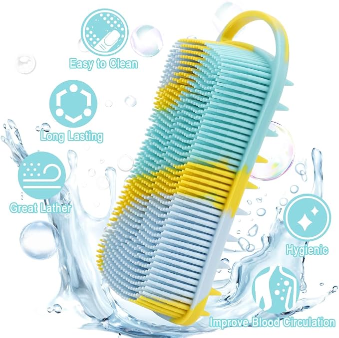 Silicone Body Scrubber, 2 in 1 Soft Silicone Loofah 2 Pack Exfoliating Body Scrubber Loofah for Women Men,Body Scrubber Shower Bath Shampoo Brush with Loop for Sensitive Skin Lather Well,Purple&Yellow