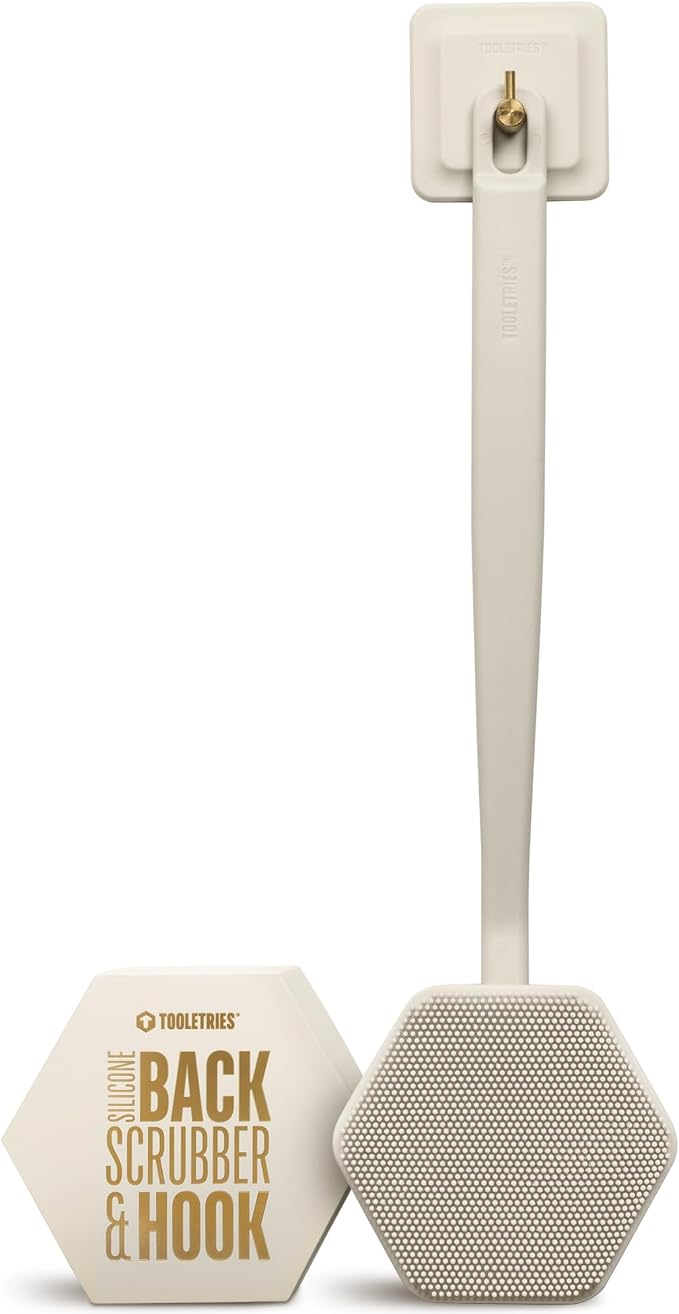 TOOLETRIES Silicone Back Scrubber for Shower with Hook - Sand | Long ergonomic bath brush with a non-slip grip for exfoliating and reaching hard-to-reach areas comfortably.