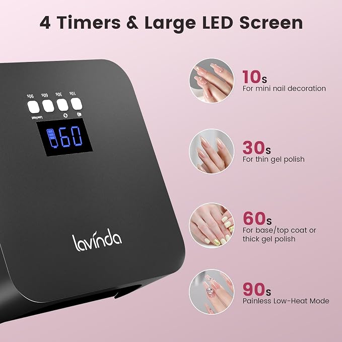 Lavinda 48W Nail Lamp, Rechargeable Cordless UV Light for Gel Nails LED Nail Dryer with Auto Sensor, 4 Timer Settings & LCD Display, Fast Curing Light All Gel Polish for Home&Salon (NovaGlow Black)