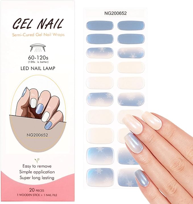 Christmas Semi Cured Gel Nail Strips - 20Pcs Snowflake UV Gel Nail Wraps, Long Lasting Salon-Quality Stickers, Includes Nails File & Wooden Stick - UV/LED Lamp Required