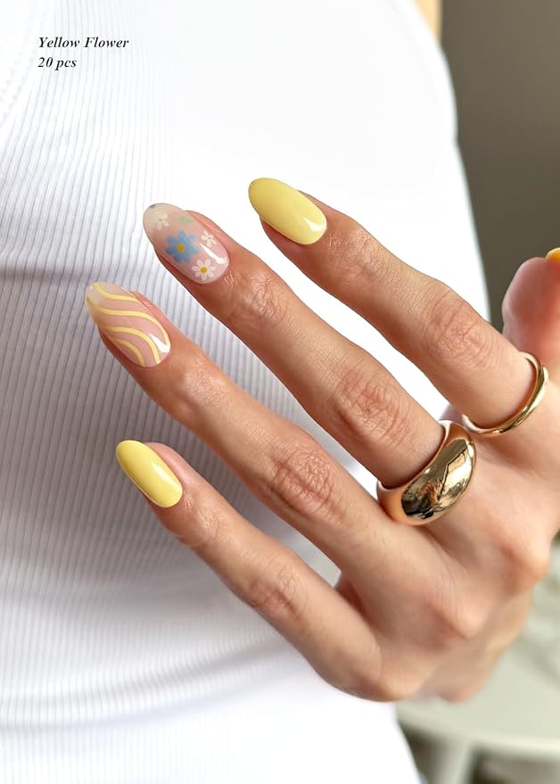 Semi Cured Gel Nail Strips (Yellow Flower), 20 Pcs Sping Gel Nail Wraps, Stickers, Salon Quality, Works with Any UV Lamps