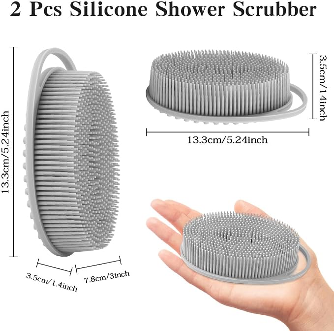 2 Pack Silicone Body Scrubber with Loofah Exfoliating Soft Shower Scrubber for Body, 2 in 1 Bath and Shampoo Wash Brush for Skin Exfoliation Men Women (Grey&Pink)