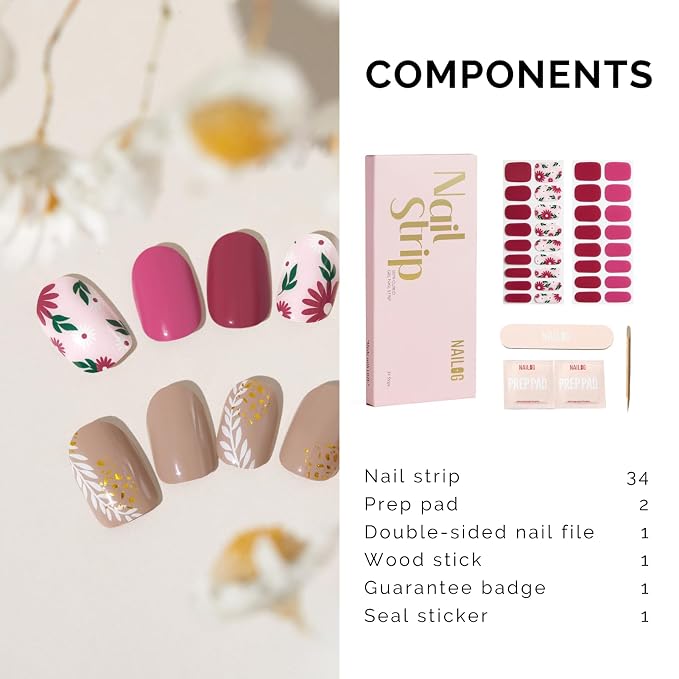 Semi Cured Gel Nail Strips - NAILOG 34 Pcs Floral Nail Stickers Extra Long Nail with Glossy Gel Finishing for Autumn Winter, in The Meadow