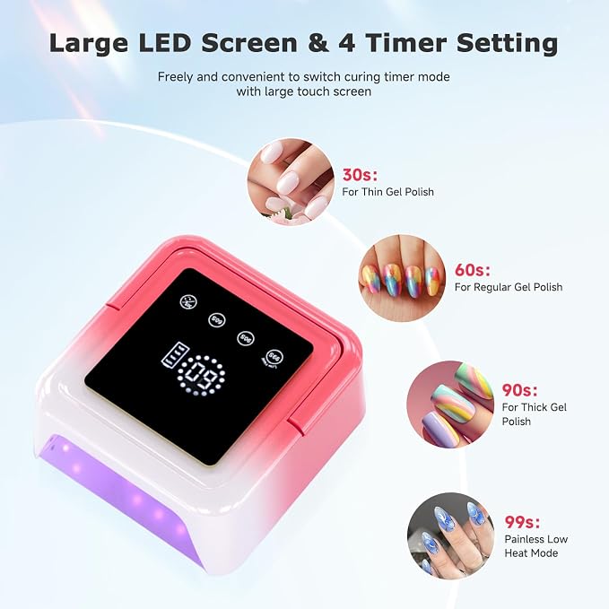 Cordless UV LED Nail Lamp108W, Nail Light with 36 Beads & LCD Display - Red | 3H Battery Life LED Nail Light, 36 UV+LED Beads, 4-Timer Modes & Autor Sensor, Metal Base for Light Reflective, For Gel Nails