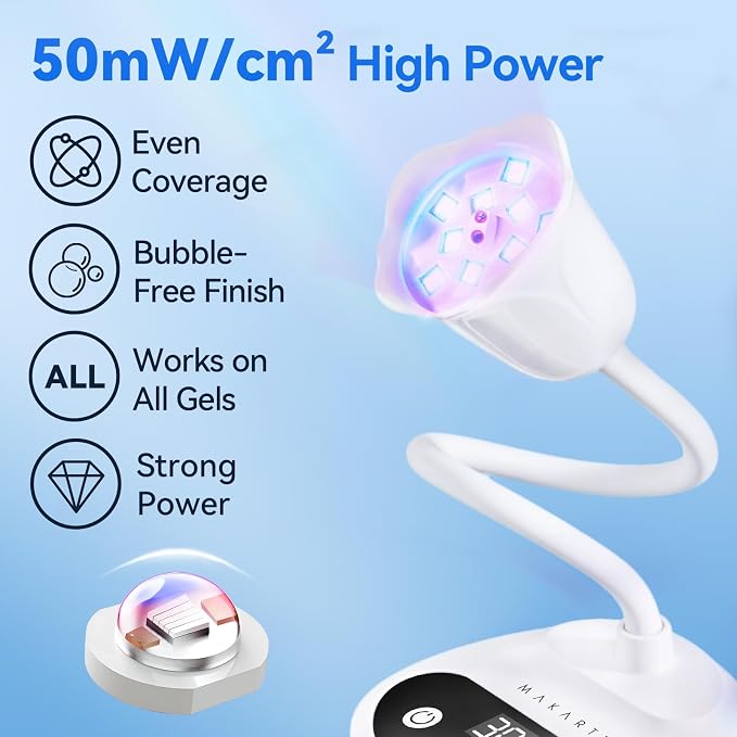 Makartt Flash Cure UV LED Nail Lamp for Gel-X Tips, Adjustable Gooseneck | 50 mW/cm² Cordless Rechargeable UV Light with Auto Sensor & 4 Timers & 10 Beads for Fast Gel Curing Home DIY Salon Use, White