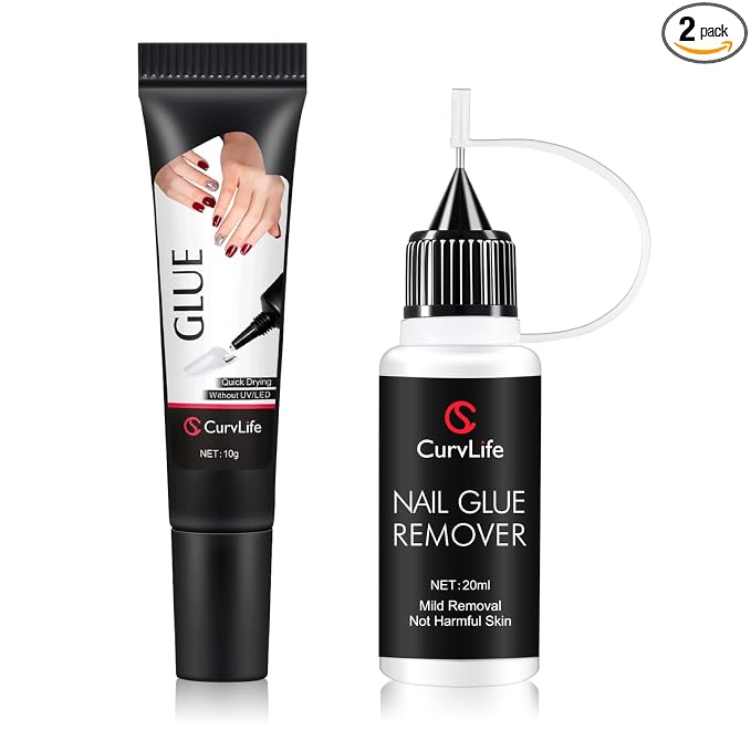 Curvlife 10g Semi-Solid Glue and 20ml Pinpoint Glue Remover Kit - Gel for Press on Nails, Quick Dry No UV Lamp Needed with Gentle Non-Acetone Remover, Fake Nail Tips