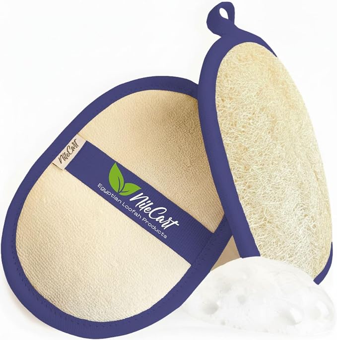 NileCart Natural Loofah for Men, Navy Blue, 2 Pack | Egyptian Luffa Sponge Pads, Body Exfoliator Scrubber, Bath & Shower