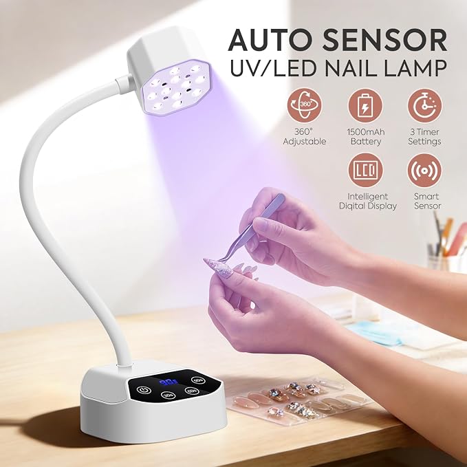 UV LED Nail Lamp Gooseneck UV Light for Gel Nails USB 50mW/cm² Cordless Flash Cure Gel XLamp with 4 Times & Auto Sensor 36W Mini Nail Dryer Rechargeable Fast Curing Nail Art Design for Salon Home DIY