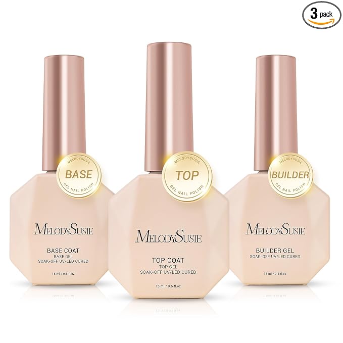 MelodySusie Top Coat Builder Gel Base Coat No Wipe Glossy Set Long Lasting Shine Finish Soak Off UV LED Nail Lamp Nail Polish Art Design Manicure Kit Perfect Gifts for Women Girls 3 Pcs 15ml Clear
