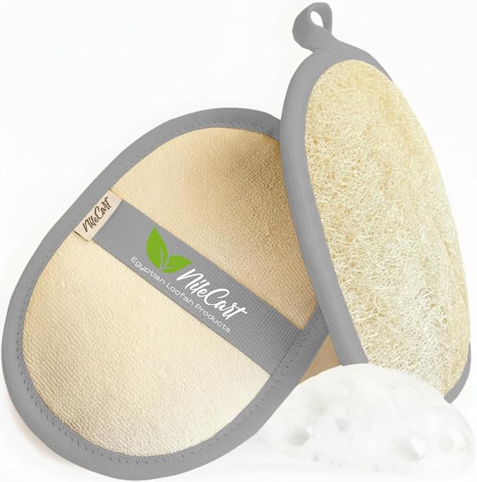 NileCart Natural Loofah for Men, Gray, 2 Pack | Egyptian Luffa Sponge Pads, Natural Body Exfoliator Scrubber, Bath & Shower