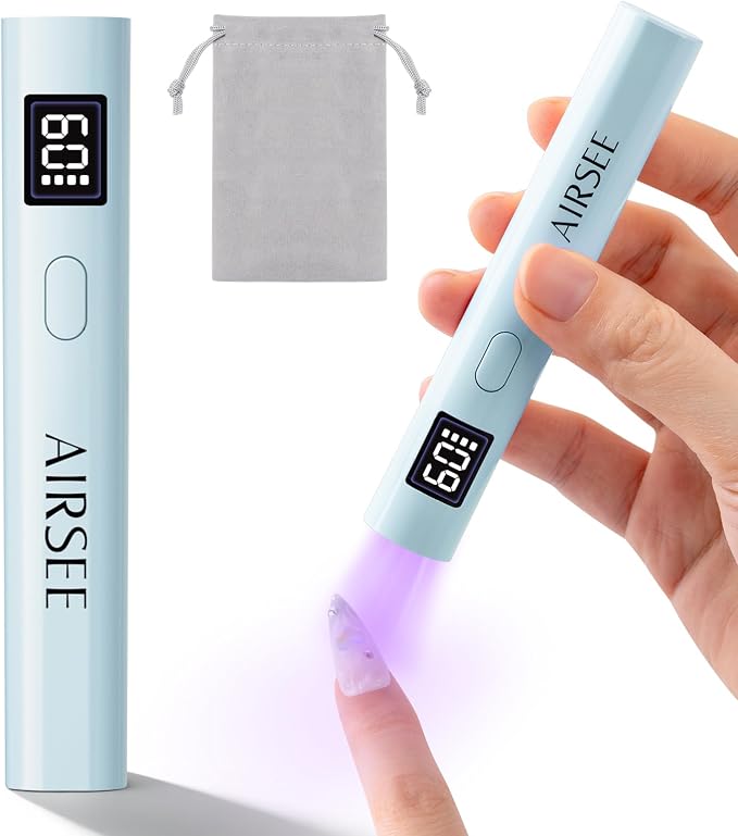 AIRSEE Mini Handheld UV LAMP for Nails with Storage Bag & Display,Blue | 2 Timers for Fast Cure All Soft Gels, Especially Rhinestone Glue and Gel Nail Strips at Home,Travel