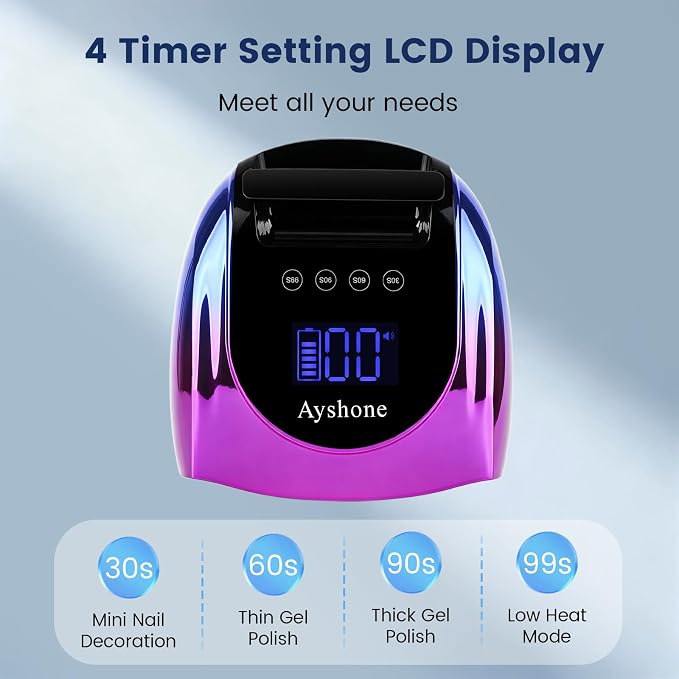 Professional Rechargeable 96W UV LED Nail Lamp, Cordless UV Light for Nails with Removable Stainless Steel Bottom, 4 Timer Settings and Smart Sensor for Salon or Home, Blue and Purple