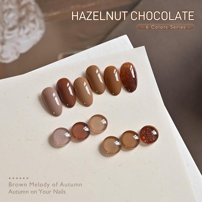 GAOY Hazelnut Chocolate Gel Nail Polish, 6 Colors Brown Nail Polish Set, Soak Off UV Cure Gel for DIY Manicure at Home and Salon