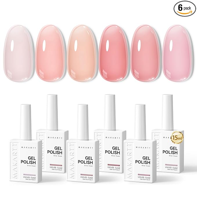 Makartt Jelly Nude Pink Gel Nail Polish Set 15ML: 6 Sheer Jelly Colors | Large Capacity, Buildable Translucent Finish, Milky Nude Pink Neutral Nude, Soak Off, UV/LED Lamp Required, Home & Salon DIY