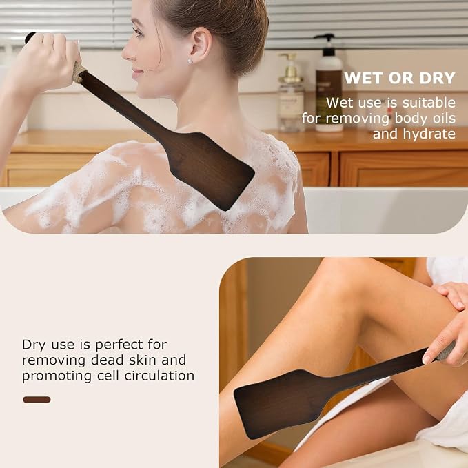 Shower Back Scrubber with Curved Long Handle, Medium-Hard Natural Boar Bristles Back Scrubber for Shower for Men and Women Exfoliator Set with Foot File (2 Pack)