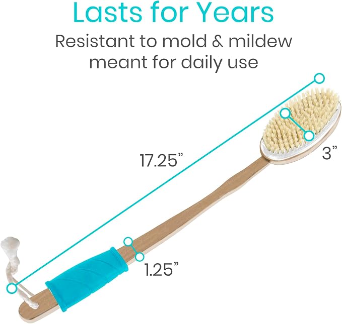 Vive Back Scrubber for Shower – Long Handle Dry Brushing Body Brush | Soft & Stiff Bristles – Exfoliating Shower Loofah & Bath Scrubber Cleaner for Women, Men, Elderly – Antiskid Grip