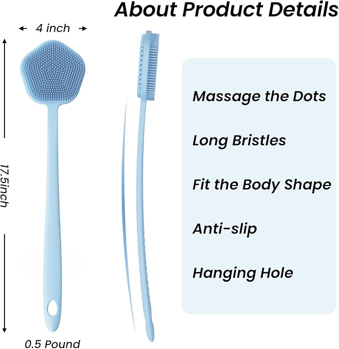Redfly Silicone Back Scrubber for Shower Brush, 17 inch Long Handled Silicone Body Scrubber for Men & Women, Double Sided Shower Scrubber for Body Brush Exfoliator and Massage, Blue