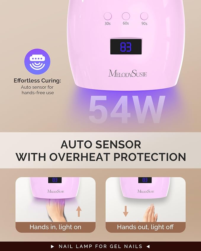 MelodySusie Detachable Base UV/LED Nail Lamp P-Plus30I for Hard Gel | 54W, 3 Timer Settings, Smart Sensor, LCD Display, 30 UV/LED Beads, Rhinestone Glue, Solid Nail Glue Gel, Liner Gel, Purple