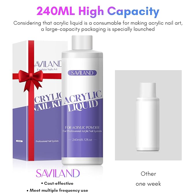 SAVILAND 8.11oz Monomer Acrylic Nail Liquid with 3 Brushes Size（8/10/14) | Non-yellowing, Smooth Application, Chip Resistant, 5-8 Minute Drying Time, Beginner DIY Salon Extensions & 3D Carving
