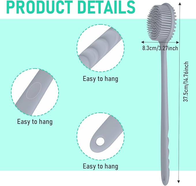 KXF Silicone Back Scrubber for Shower Bath Body Brush with Long Handle Double Sided Exfoliating Shower Brush with a Hook and a Lanyard