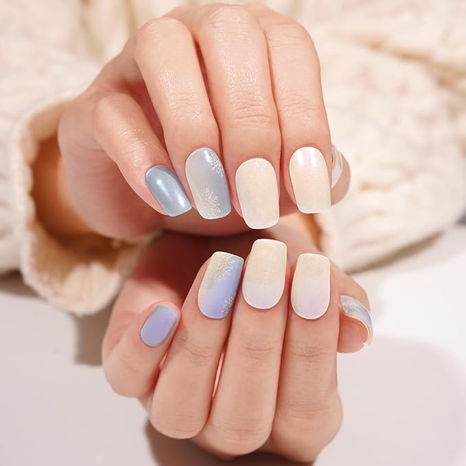 Christmas Semi Cured Gel Nail Strips - 20Pcs Snowflake UV Gel Nail Wraps, Long Lasting Salon-Quality Stickers, Includes Nails File & Wooden Stick - UV/LED Lamp Required