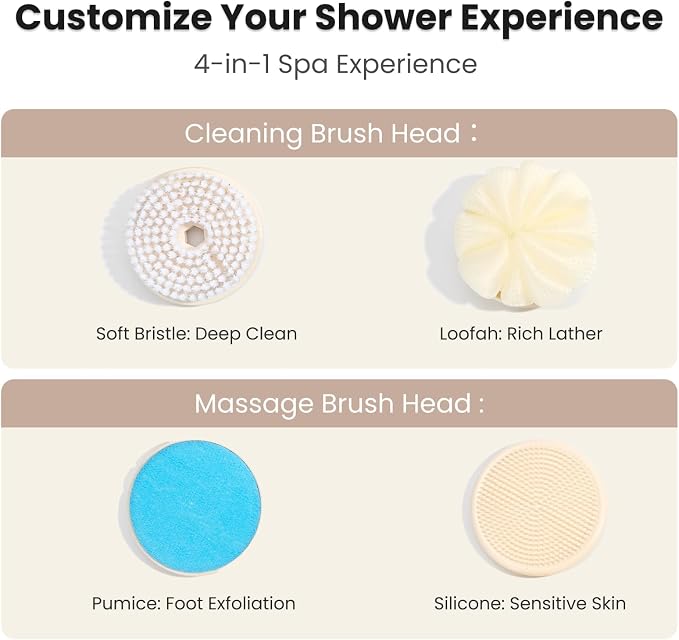 Electric Body Brush with 4 Replacement Heads & Auto-Lock & Long Handle | 3-Speed Rechargeable Back Scrubber for Shower, Exfoliating & Deep Cleaning & Skin Massaging