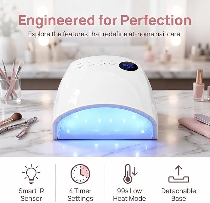 Cordless UV Nail Lamp, 96W UV LED Nail lamp for Gel Polish & Acrylic Nails, Fast Curing Nail Light with 4 Timers, Detachable Base, Auto Sensor, 45 LED Beads, Salon & Home Use (White)