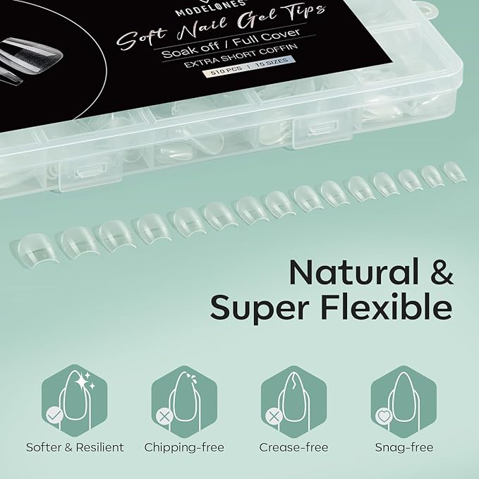 Modelones Extra Short Coffin Nail Tips 510pcs Pre-etched Soft Fake Nails | Half Matte Full Cover Clear Acrylic Gel Kit False Press on Nails for Extension DIY Salon 15Sizes