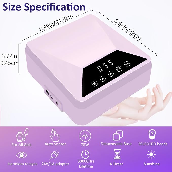 78W UV LED Nail Lamp with Adjustable Telescopic Stand, Corded Nail Dryer for Gel Nails, 39 LEDs, 30/60/99/180s Timers, Removable Base for Home & Salon