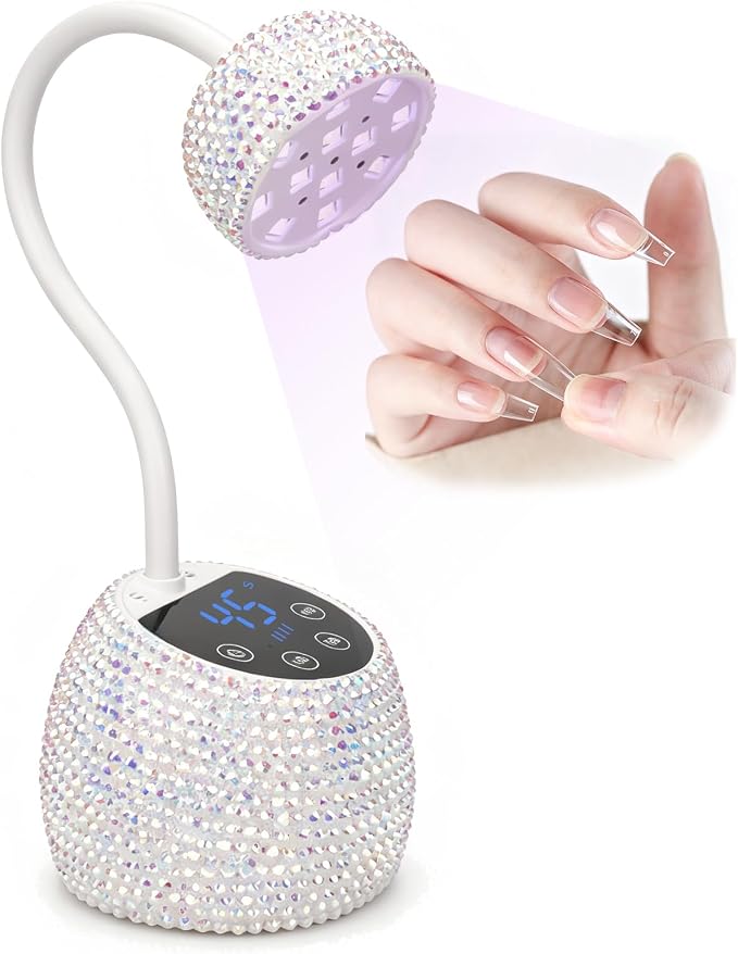 Flexible Gooseneck UV Nail Lamp, Bling Rhinestone Mini LED Nail Dryer Light with 10s/30s/60s Timer, Auto On/Off Portable Rechargeable Gel Nail Curing Lamp for Home Salon Manicure DIY Nail Art