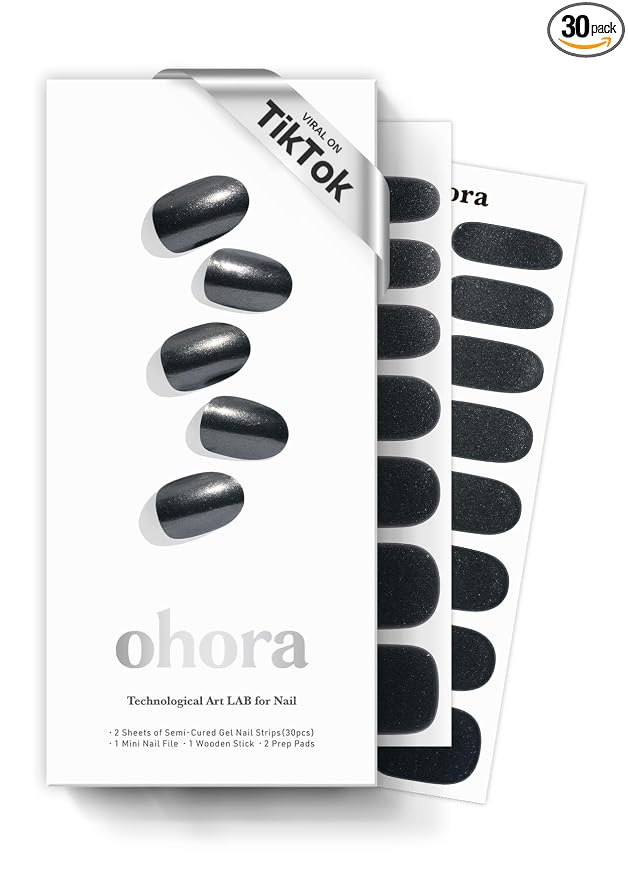ohora Semi Cured Gel Nail Strips (N Boba Chrome) - Works with Any Nail Lamps, Salon-Quality, Long Lasting, Easy to Apply & Remove - Includes 2 Prep Pads, Nail File & Wooden Stick