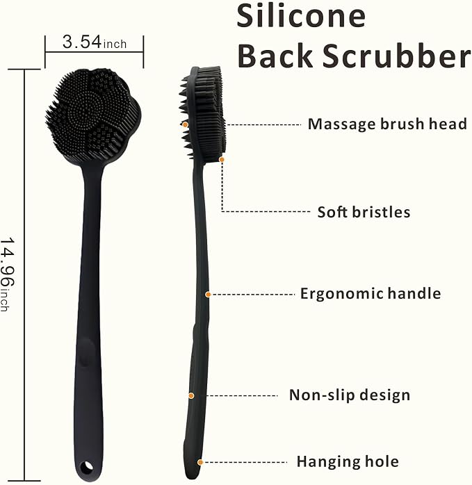 Back Scrubber & Face Scrubber Brush for Shower - 15 Inch Long Handle Double Sided Silicone Body Brush for Exfoliation & Massage, Soft Facial Cleansing Brush, Rich Lathering for Deep Cleansing (Black)