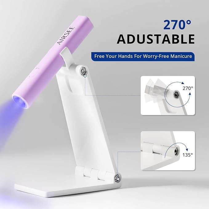 AIRSEE Mini Handheld UV Light for Gel Nails with Stand, Home&Travel,Purple | 2 Timers & Cordless,Portable Rechargeable Nail Lamps for Fast Extension,Rhinestone Glue Decoration,Gel Nail Strips